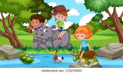 Scene with happy kids and animals in the park illustration