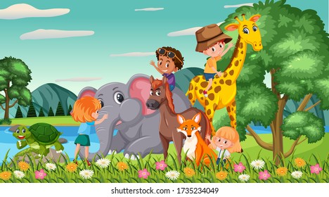 Scene with happy kids and animals in the park illustration