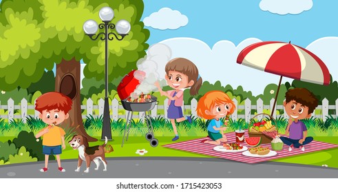 Scene with happy kids eating in the park illustration