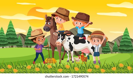 Scene with happy kids with horse and cow in the park illustration