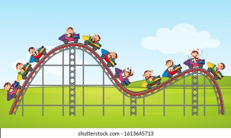 Scene with happy monkeys riding on roller coaster in the park illustration
