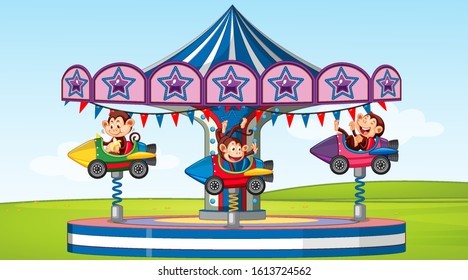 Scene with happy monkeys riding on rocket ride in the park illustration