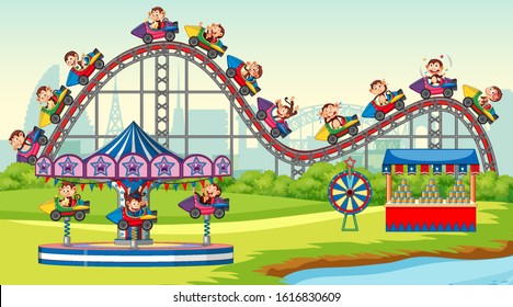 Scene with happy monkeys riding on roller coaster in the park illustration