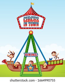 Scene with happy monkeys riding on viking ship in the park illustration