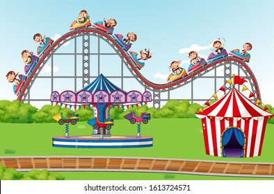 Scene with happy monkeys riding roller coaster in the park illustration
