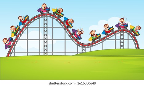 Scene with happy monkeys riding roller coaster in the park illustration