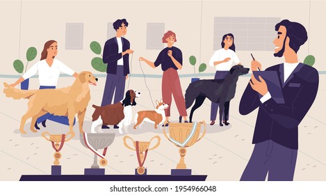 Scene with happy pet owners and dogs waiting for announcement and rewarding of competition winners. Awards of canine contest. Colored flat graphic vector illustration of awarding ceremony