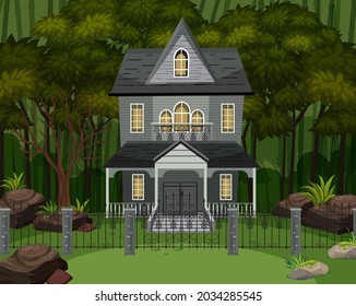 Scene with haunted halloween mansion illustration