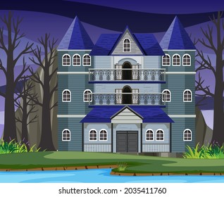 Scene with haunted halloween mansion illustration