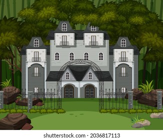 Scene with haunted halloween mansion illustration