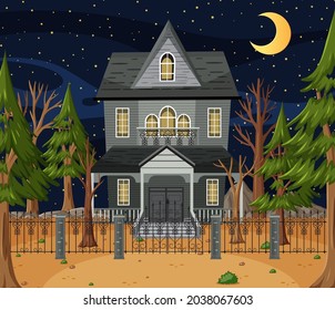 Scene with haunted halloween mansion illustration