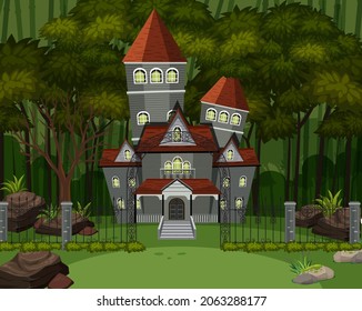 Scene with haunted halloween mansion illustration