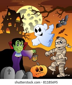 Scene with haunted house 1 - vector illustration.