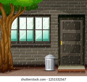 Scene with heavy rain in front the house