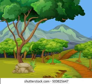 Scene with hiking track in the woods illustration