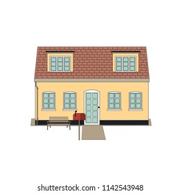 The scene of a house with 1 floor containing yellow walls and a brown roof.