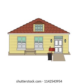 The scene of a house with 1 floor containing yellow walls and a red roof.