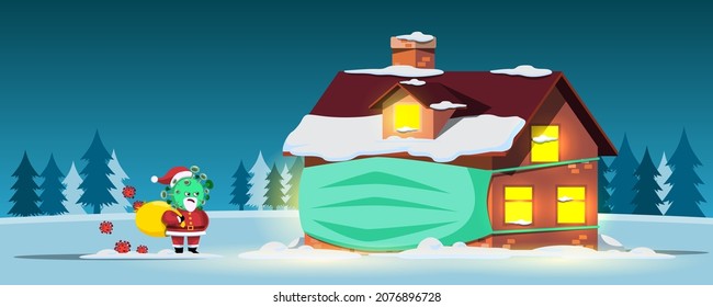 The scene of a house with face mask in a pine grove is snowing and Santa virus. Snow fall in a scenery. Artwork for Greeting card, banner, poster and website
