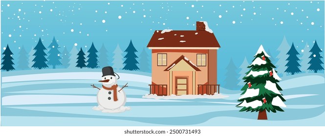 The scene of a house in a pine grove is snowing and there is a Christmas tree with Snowman. Snow fall in a scenery. Artwork for Greeting card, banner, poster and website