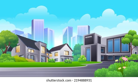 Scene of house and School in town with nature park, green lawn, bush and trees vector illustration