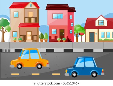 Scene with houses and cars on the road illustration