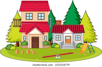 Scene with houses and garden illustration