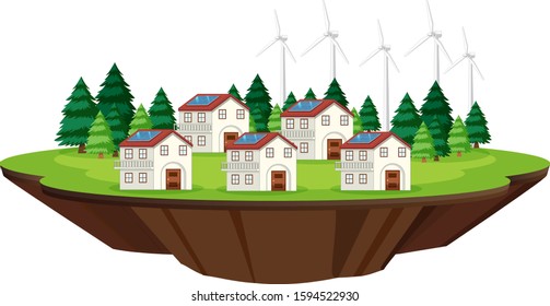 Scene with houses and solar cells on the roof illustration