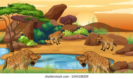 Scene with hyena in the savana field illustration