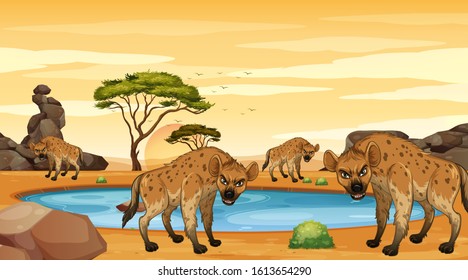 Scene with hyenas in the dersert illustration