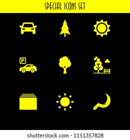 scene icon. 9 scene set with new, shining sun, traffic and tree vector icons for web and mobile app
