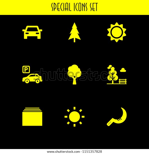 scene icon. 9 scene set with\
new, shining sun, traffic and tree vector icons for web and mobile\
app