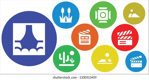 scene icon set. 9 filled scene icons.  Collection Of - Stage, Reed, Scenic Illumination, Desert, Clapperboard