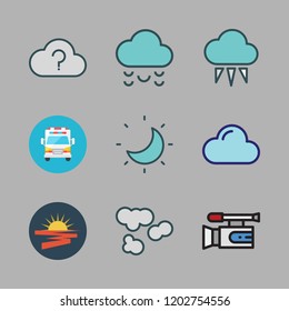 scene icon set. vector set about moon, video camera, cloudy and cloud icons set.