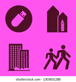 Scene Icon Set With Wheat Harvest Growth, Pedestrian People And Office Building Vector Illustration