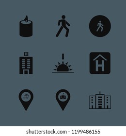 scene icon. scene vector icons set university location, pedestrian, hotel building and office building