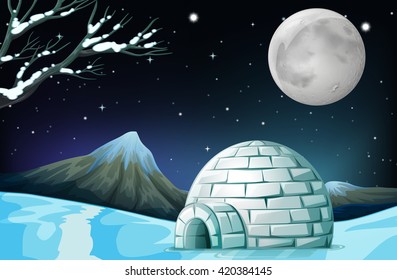 Scene with igloo on fullmoon night illustration