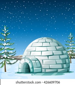 Scene with igloo on snowing day illustration