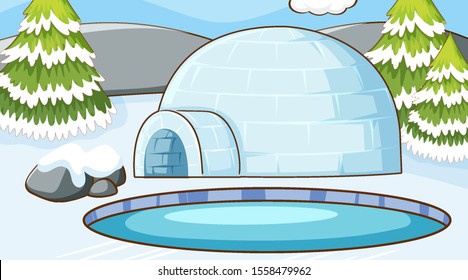 Scene with igloo and pine trees illustration