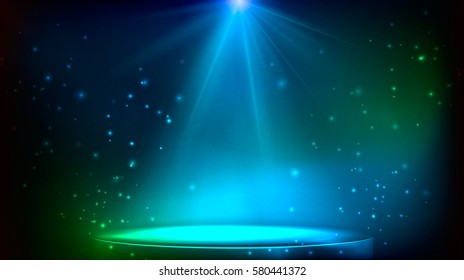 Scene illuminated by a spotlight. magical stage in blue and green colors. vector illustration