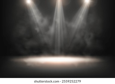 Scene illuminated by spotlights. Vector realistic empty stage with smoke and mist, lamps and dim light. Performance podium or presentation of product, scenery for advertising or showcase