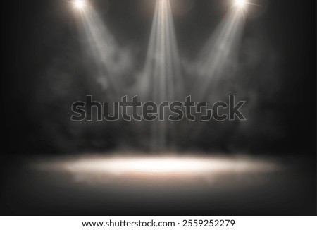 Scene illuminated by spotlights. Vector realistic empty stage with smoke and mist, lamps and dim light. Performance podium or presentation of product, scenery for advertising or showcase