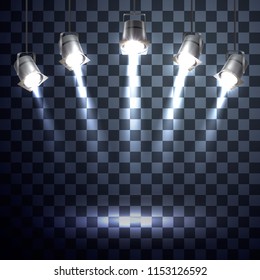 Scene illumination from above and below, transparent effects on a plaid dark background. Bright lighting with spotlights.
