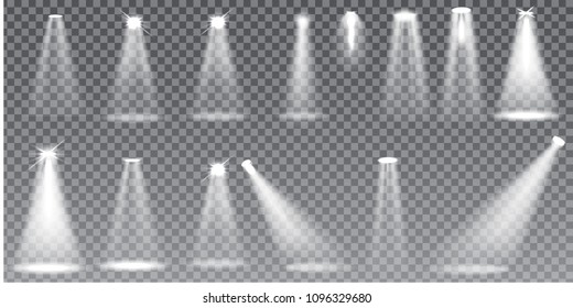 Scene illumination big collection, special light effects isolated on transparent background. Bright lighting with spotlights for Award Ceremony. Vector Illustration