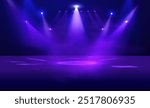 Scene illumination, bright lighting stage vector illustration. White projector light beams, spotlights effect. Realistic blue blur rays radiance. Show light decorations