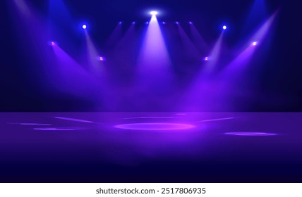 Scene illumination, bright lighting stage vector illustration. White projector light beams, spotlights effect. Realistic blue blur rays radiance. Show light decorations