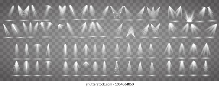 Scene illumination collection. Big set Bright lighting with spotlights. Spot lighting of the stage.
