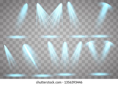 Scene illumination collection. Big set Bright lighting with spotlights. Spot lighting of the stage.