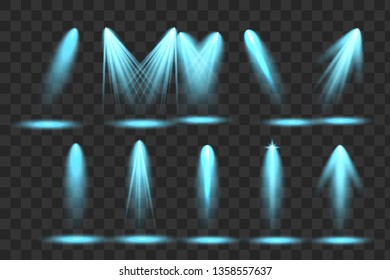 Scene illumination collection. Big set Bright lighting with spotlights. Spot lighting of the stage.