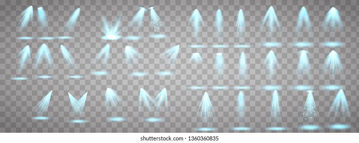 Scene illumination collection. Big set Bright lighting with spotlights. Spot lighting of the stage.