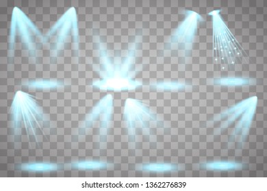 Scene illumination collection. Big set Bright lighting with spotlights. Spot lighting of the stage.